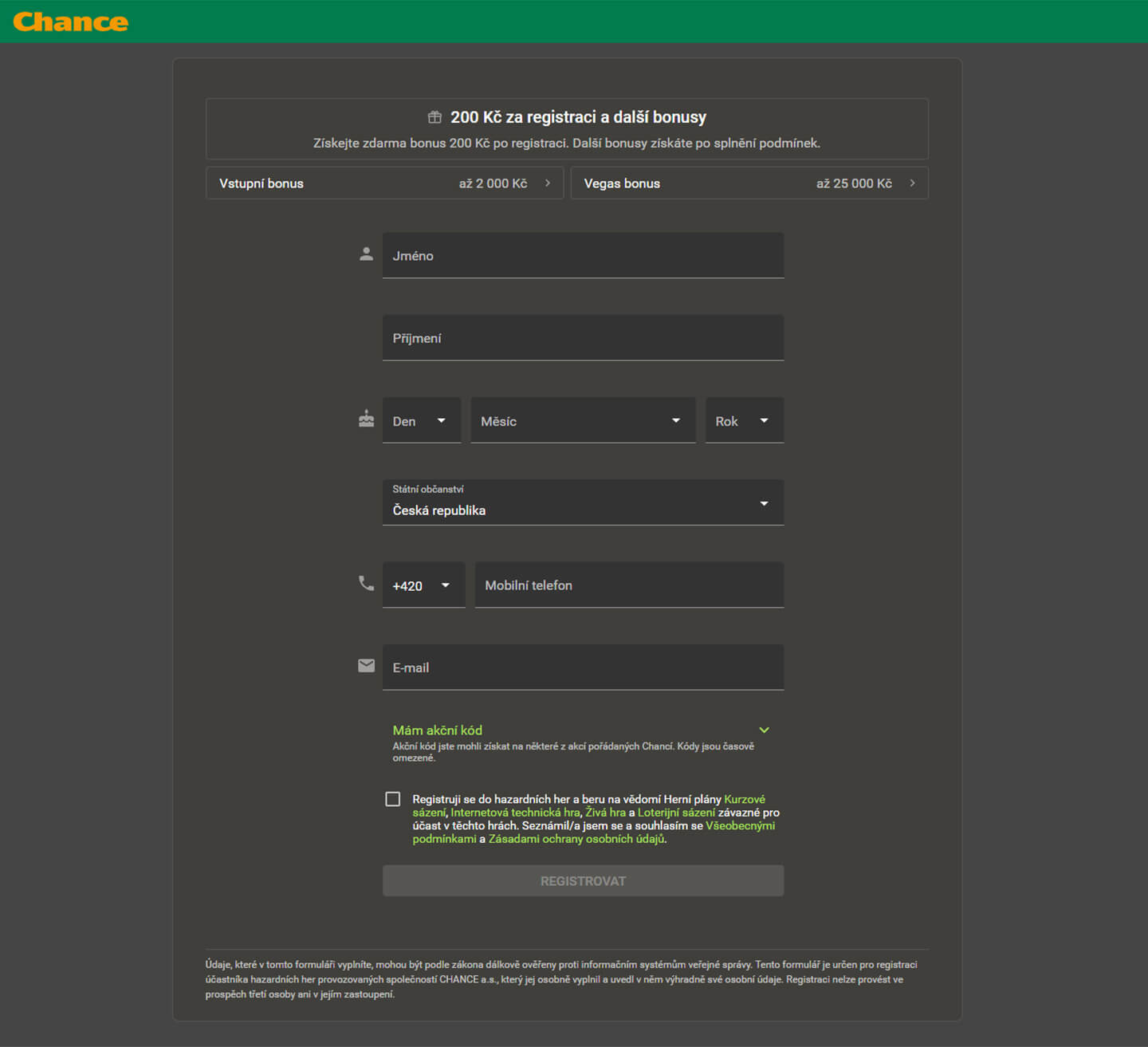 Registrační formulář v Chance