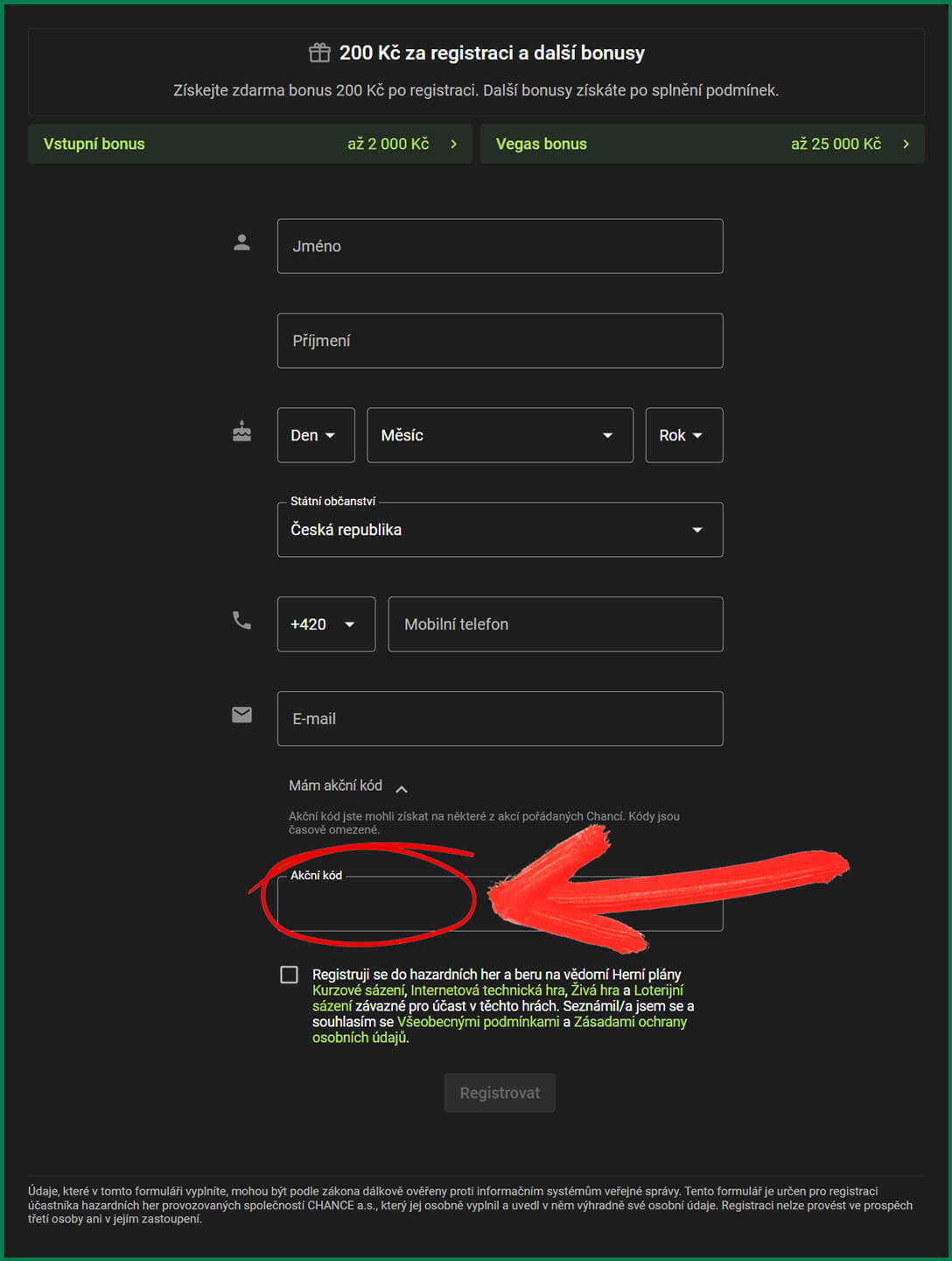 Kde zadat akční kód Chance v registračním formuláři