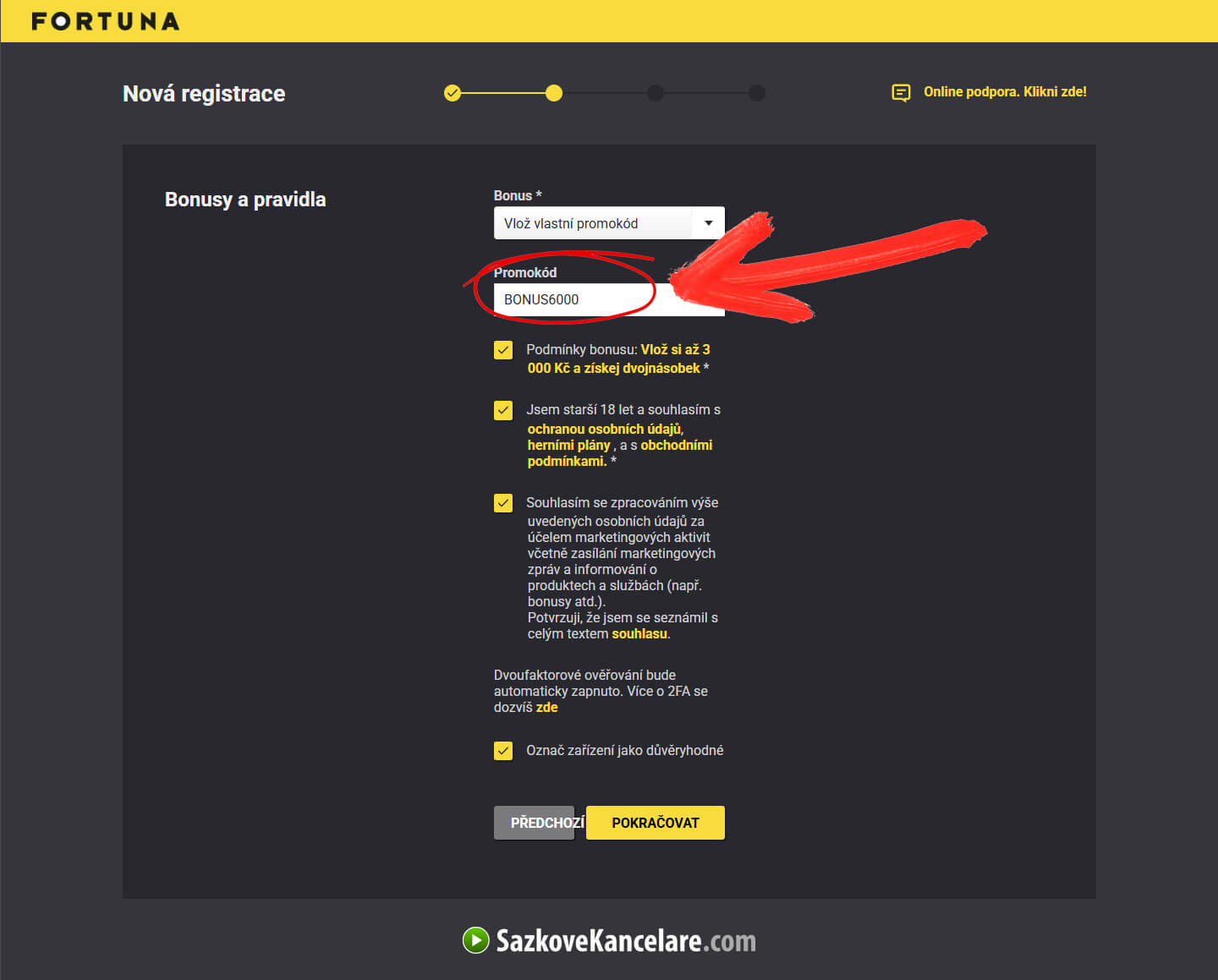 Registrace ve Fortuně s promo kódem BONUS6000