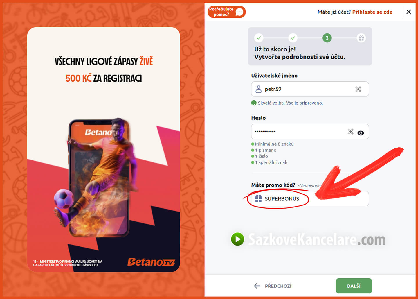 Ukázka zadání promo kódu ve 3. kroku registračního formuláře Betano na počítači