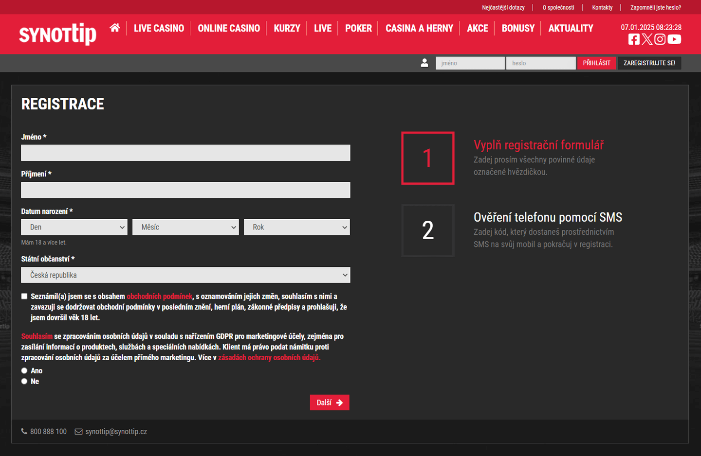 Jak vypadá v casinu SynotTip registrace