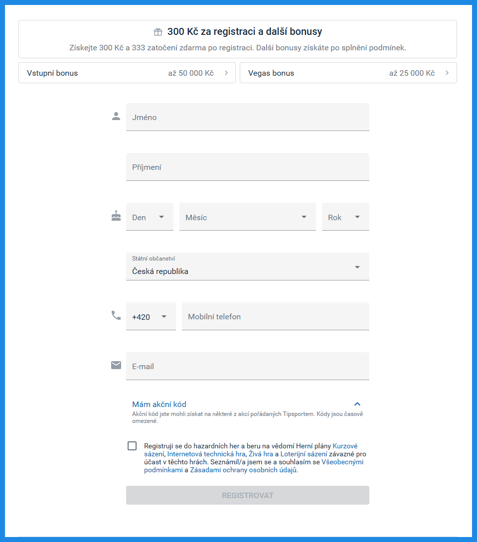Registrační formulář u Tipsportu