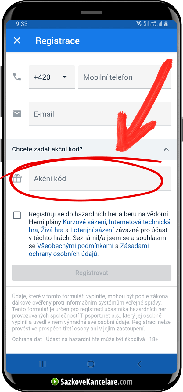 Detail prázdného pole pro akční kód v mobilní aplikaci Tipsport