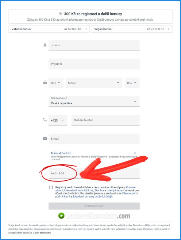 Ukázka registračního formuláře Tipsport na počítači bez nutnosti zadat kód